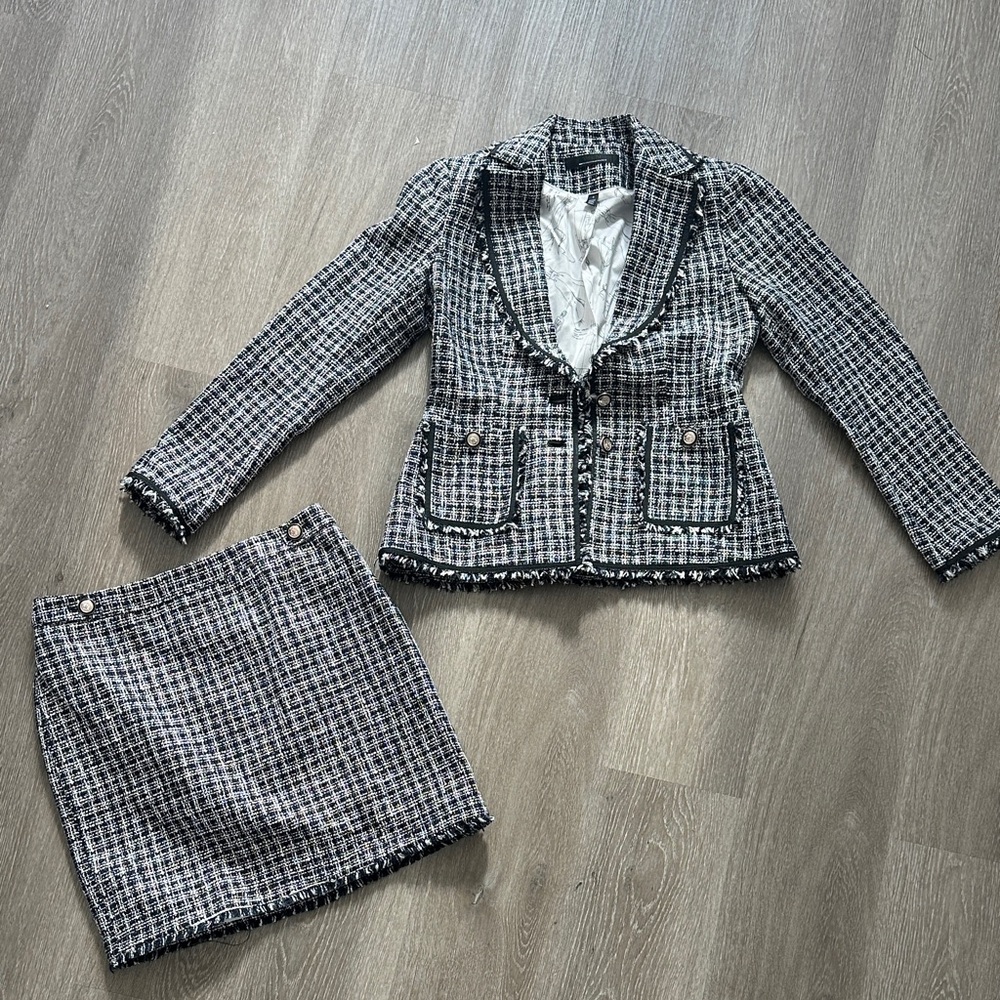 White House Black Market Black & White Tweed Fringed Blazer and Skirt